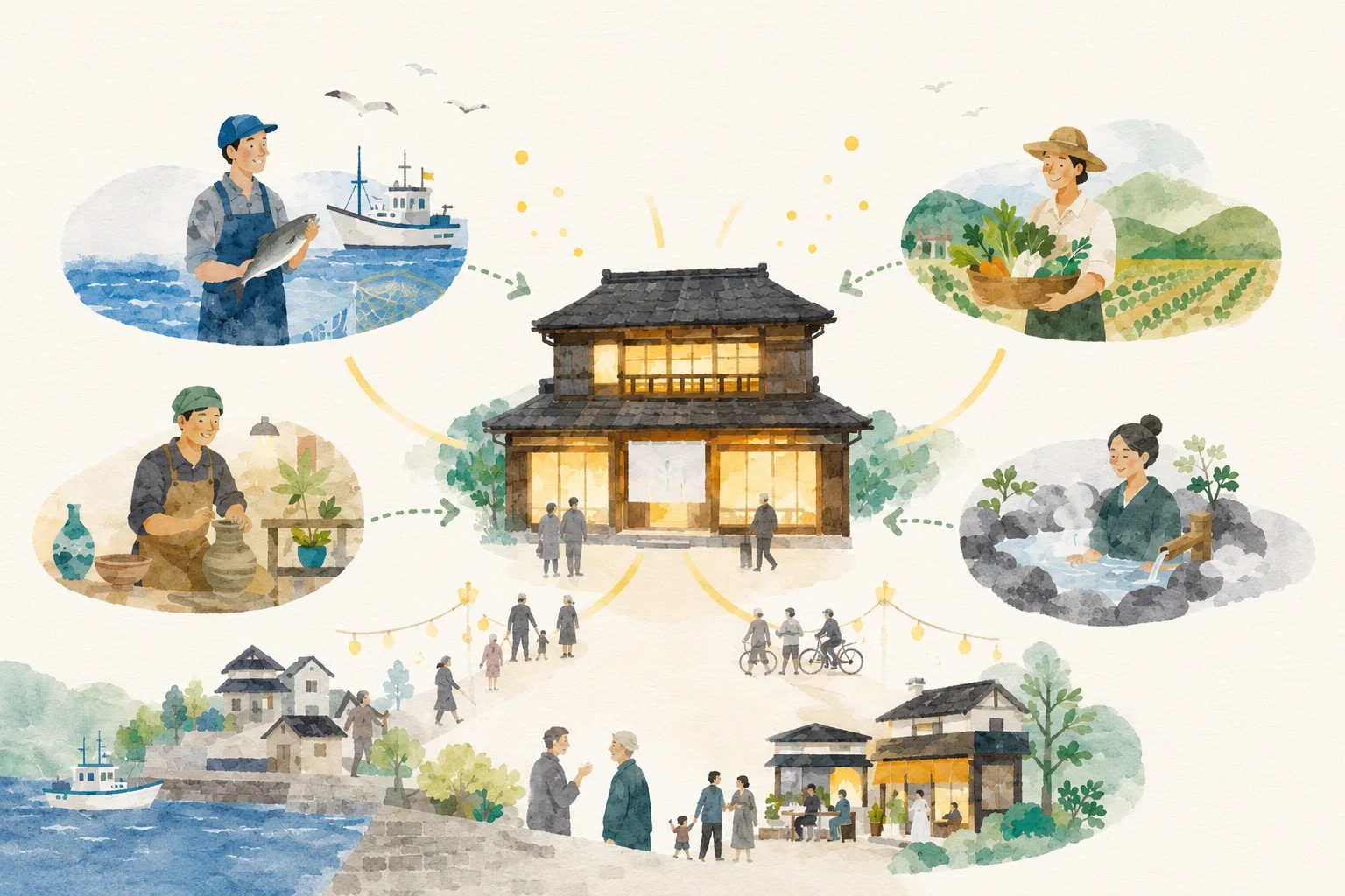 一棟の宿を起点に、漁師・農家・職人・湯を守る人、まちの人がつながる図